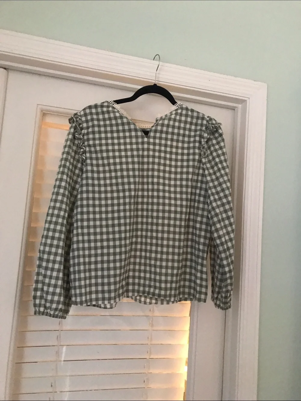 J. Crew Green and White Gingham Ruffle-Trim Blouse